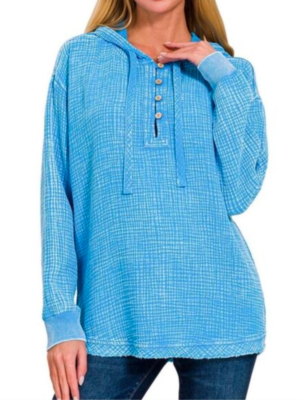 Zenana Outfitters Women's Double Gauze Henley Hoodie